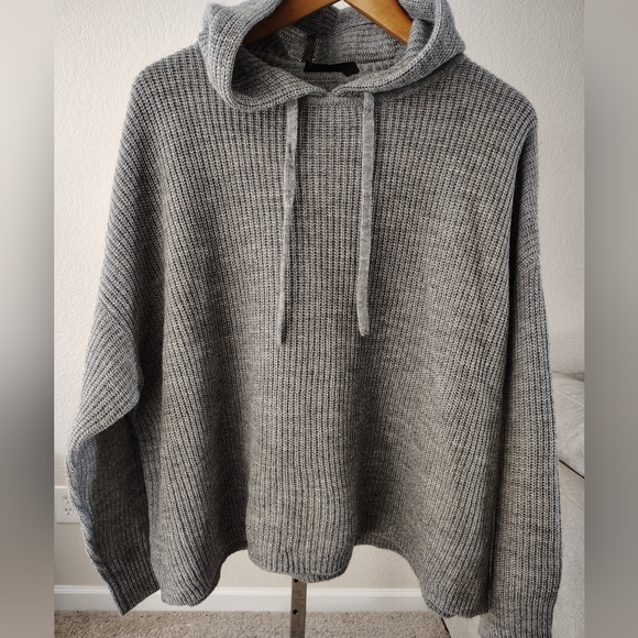 Jenni Kayne Cashmere Fisherman Hoodie Sweater Womens Xl Ribbed Relaxed Grey - Picture 2 of 6
